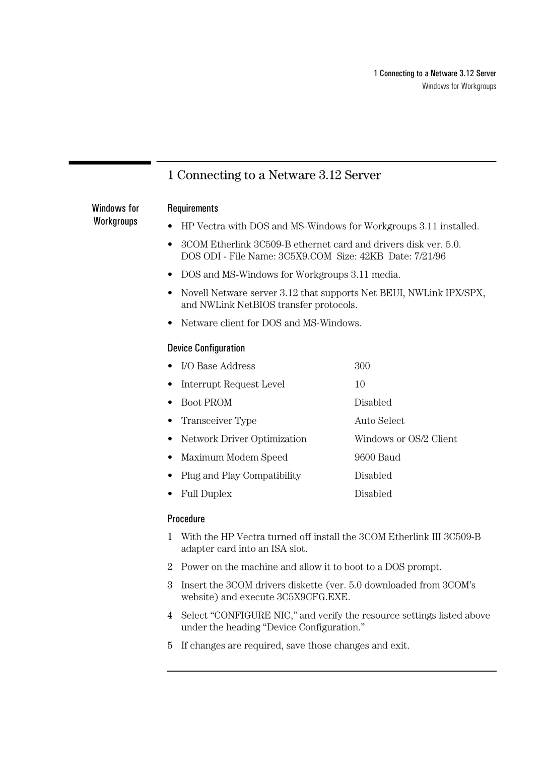 HP 3C590-TPO manual Connecting to a Netware 3.12 Server 