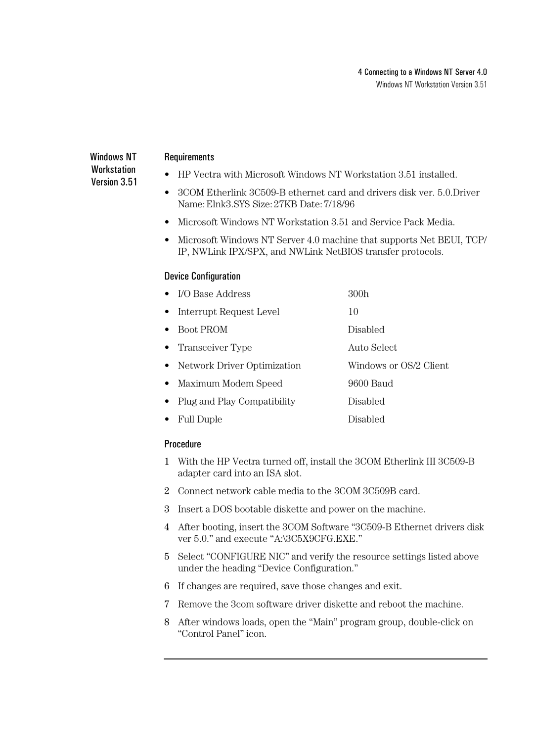 HP 3C590-TPO manual Windows NT Workstation Version Requirements 