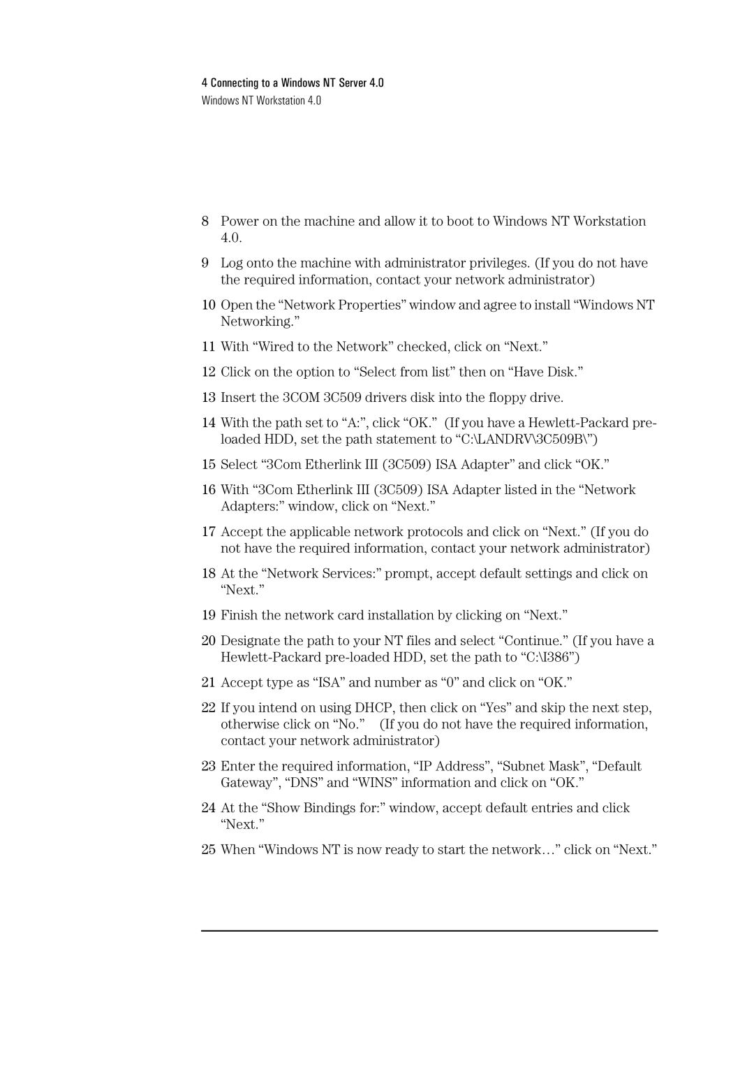 HP 3C590-TPO manual Connecting to a Windows NT Server Windows NT Workstation 