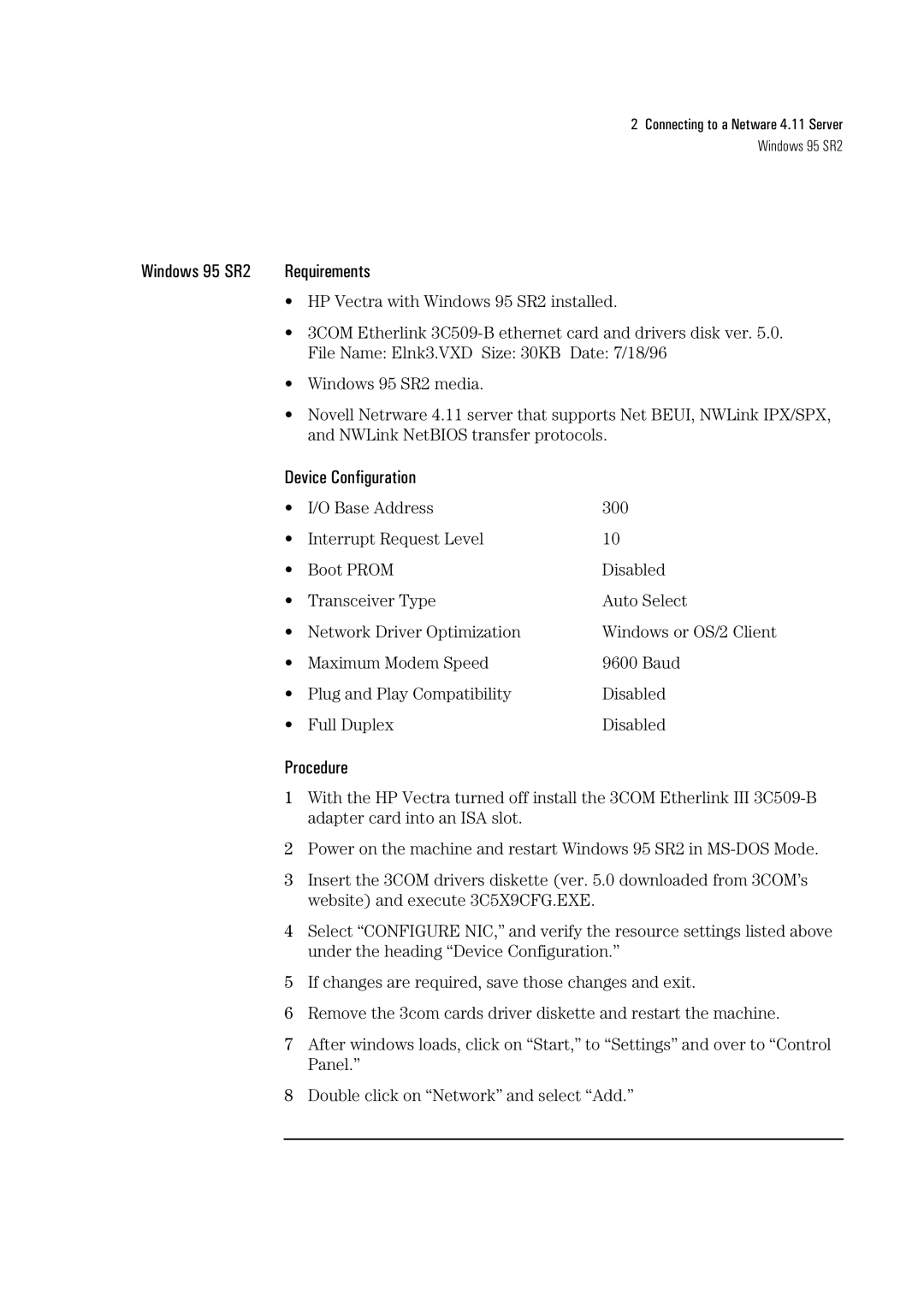 HP 3C590-TPO manual Connecting to a Netware 4.11 Server Windows 95 SR2 