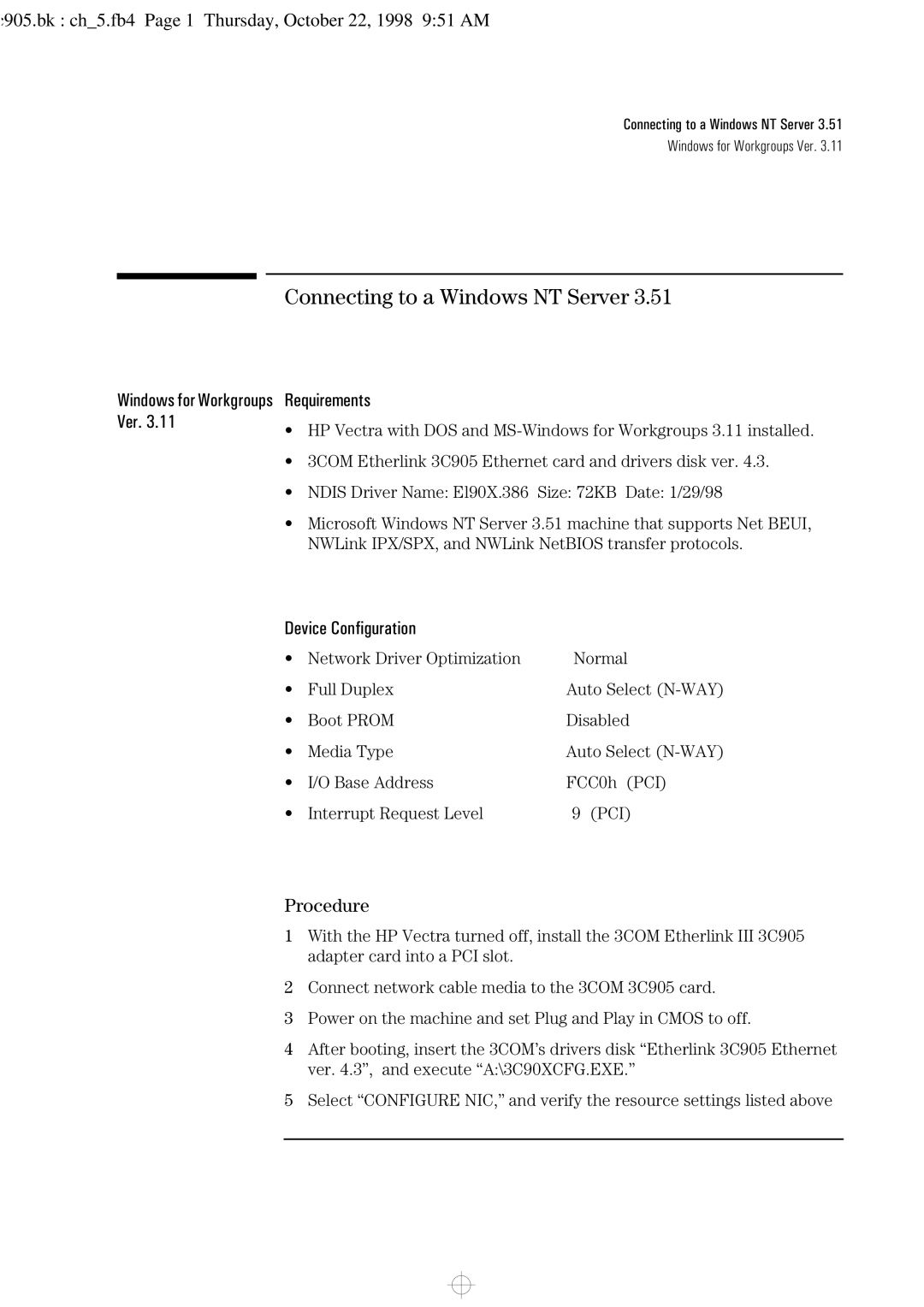 HP 3C905-TX manual Connecting to a Windows NT Server, C905.bk ch5.fb4 Page 1 Thursday, October 22, 1998 951 AM 