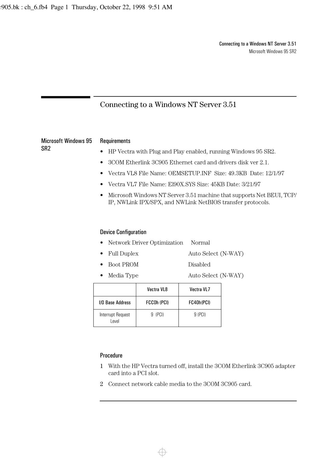 HP 3C905-TX manual C905.bk ch6.fb4 Page 1 Thursday, October 22, 1998 951 AM, Microsoft Windows 95 SR2 Requirements 