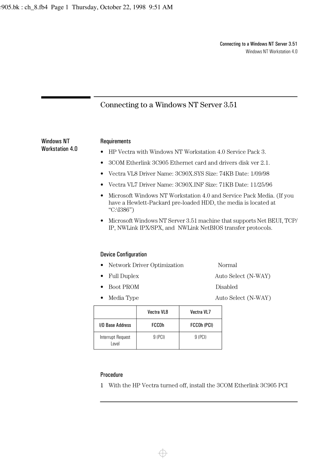 HP 3C905-TX manual C905.bk ch8.fb4 Page 1 Thursday, October 22, 1998 951 AM 