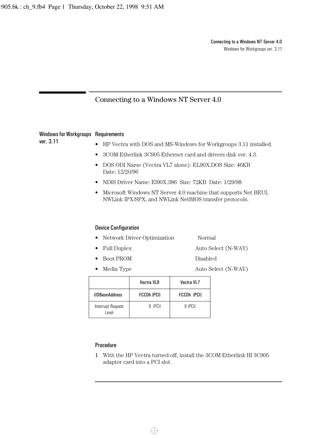 HP 3C905-TX manual C905.bk ch9.fb4 Page 1 Thursday, October 22, 1998 951 AM 