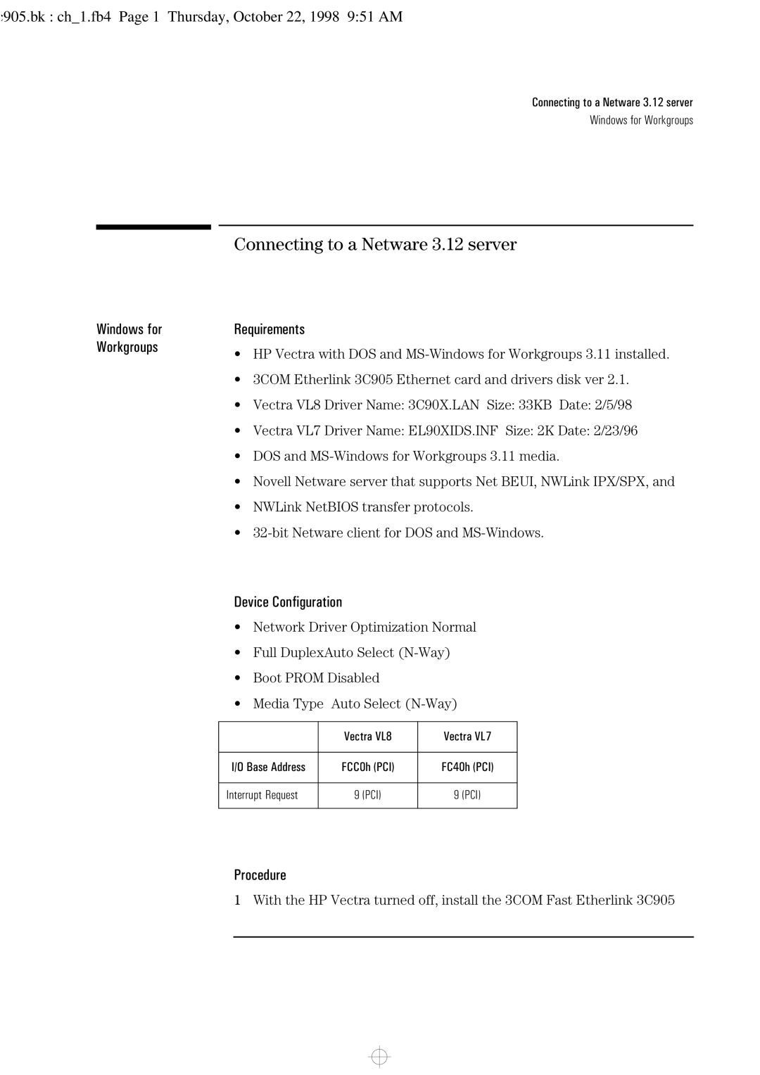 HP 3C905-TX manual Connecting to a Netware 3.12 server, C905.bk ch1.fb4 Page 1 Thursday, October 22, 1998 951 AM 