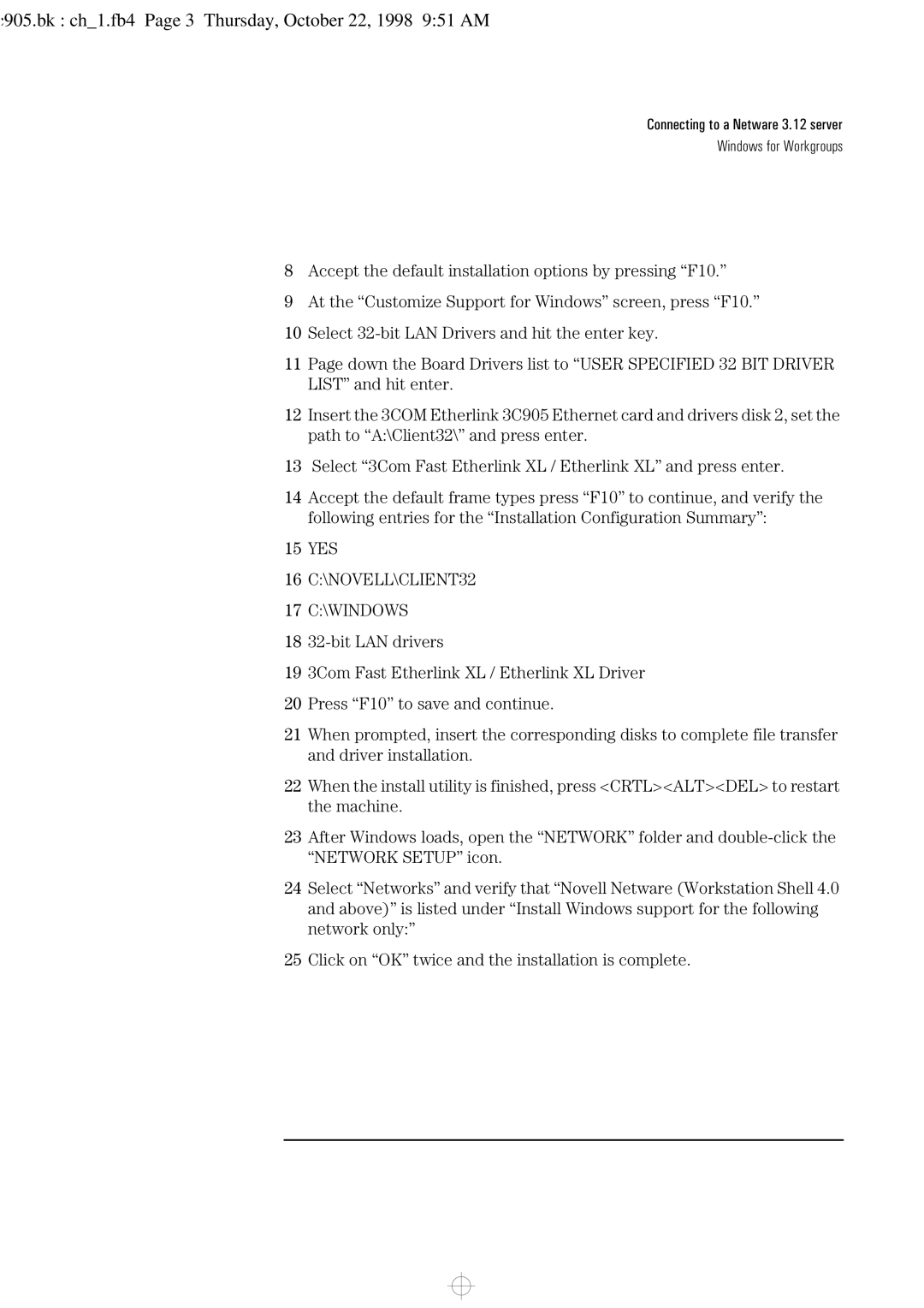 HP 3C905-TX manual C905.bk ch1.fb4 Page 3 Thursday, October 22, 1998 951 AM, 16 C\NOVELL\CLIENT32 17 C\WINDOWS 