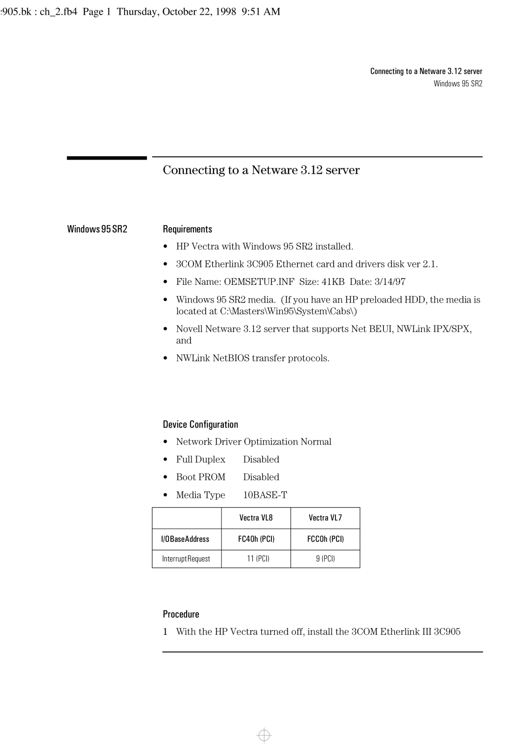 HP 3C905-TX manual C905.bk ch2.fb4 Page 1 Thursday, October 22, 1998 951 AM, Windows 95 SR2 Requirements 