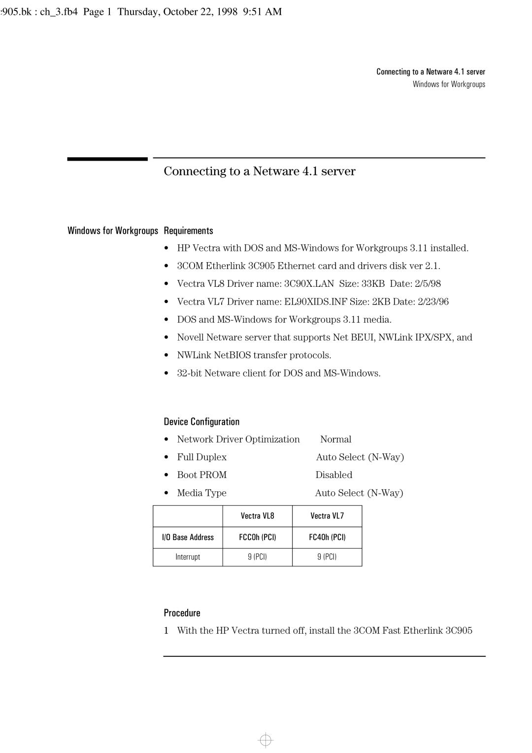 HP 3C905-TX manual Connecting to a Netware 4.1 server, C905.bk ch3.fb4 Page 1 Thursday, October 22, 1998 951 AM 