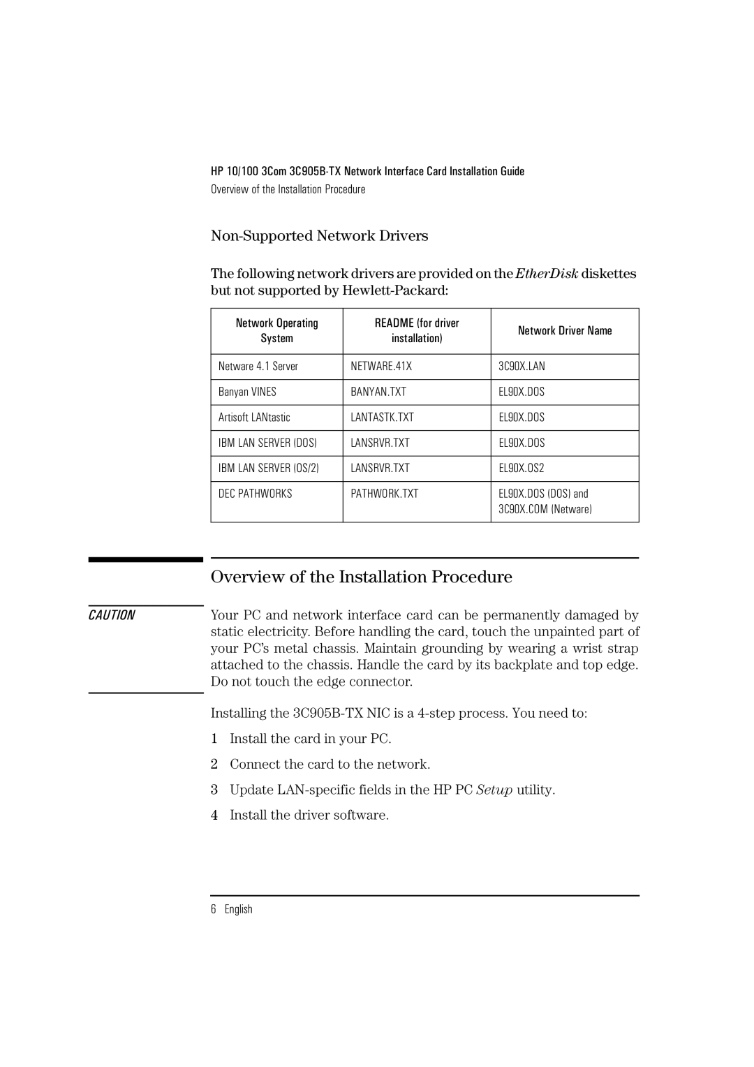 HP 3C905B-TX manual Overview of the Installation Procedure, Non-Supported Network Drivers 