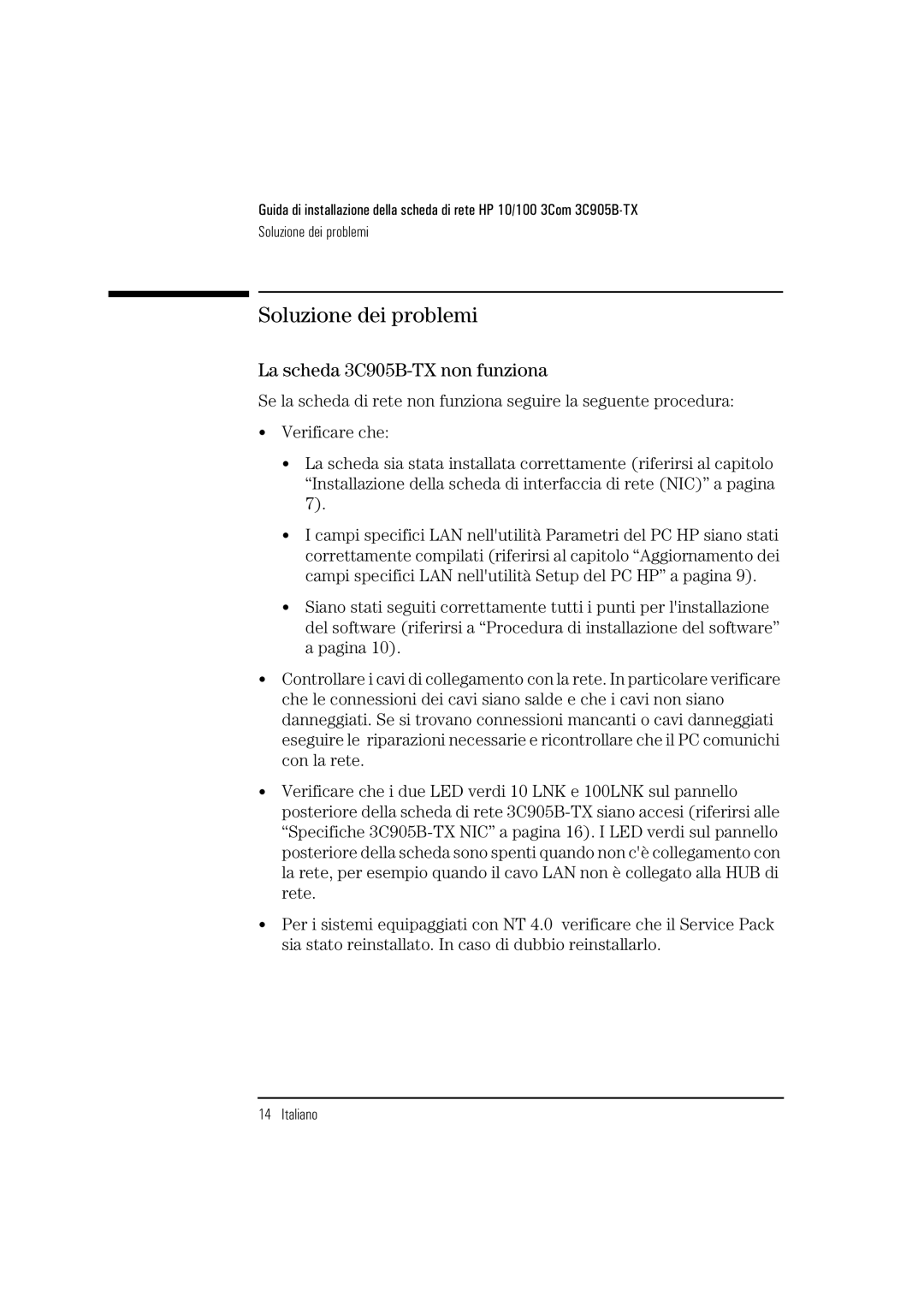 HP manual Soluzione dei problemi, La scheda 3C905B-TX non funziona 