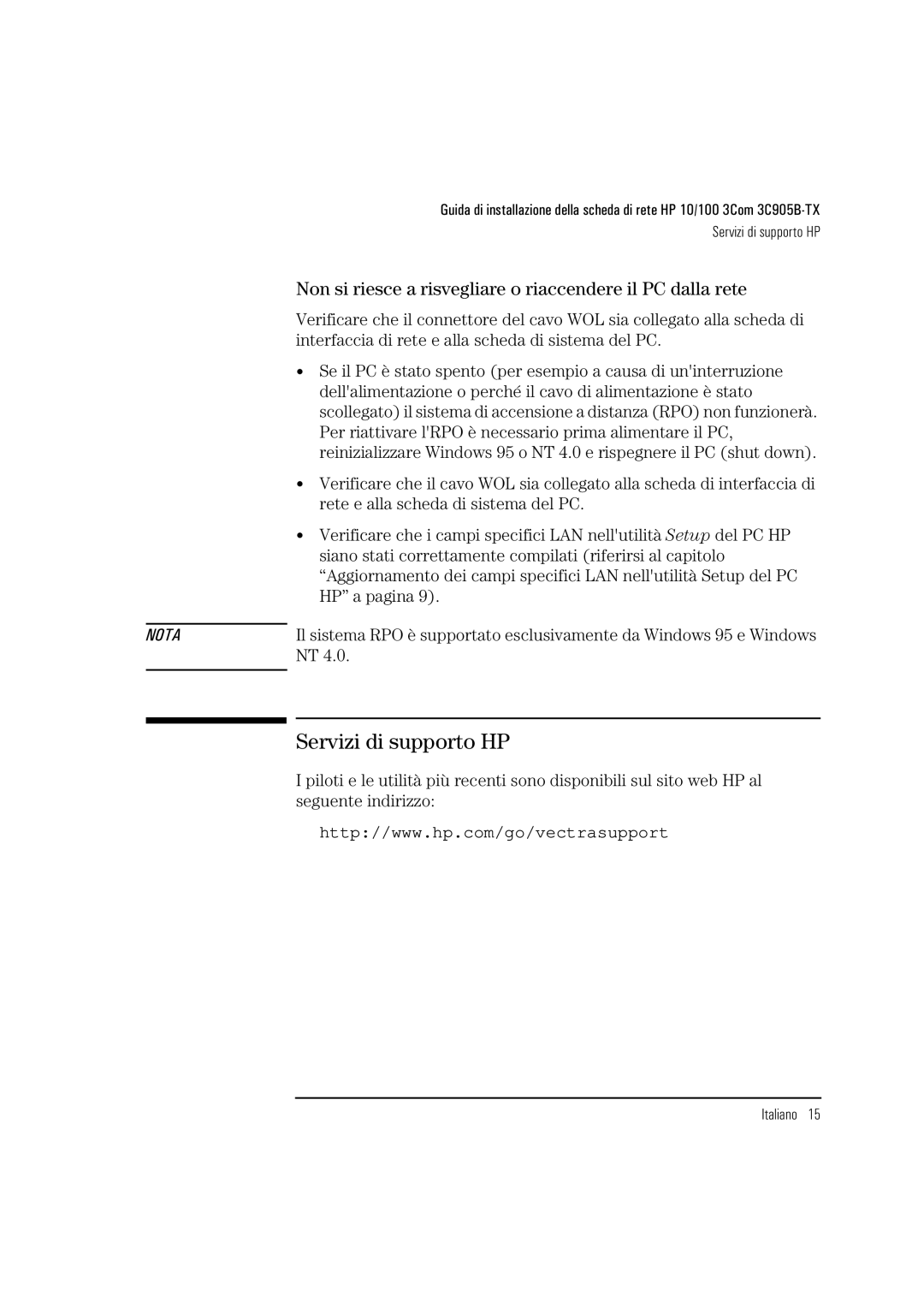 HP 3C905B-TX manual Servizi di supporto HP, Non si riesce a risvegliare o riaccendere il PC dalla rete 