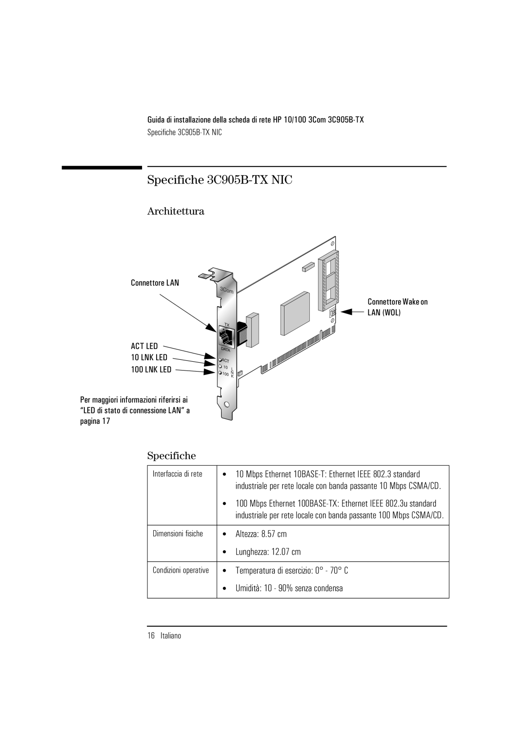 HP manual Specifiche 3C905B-TX NIC, Architettura 