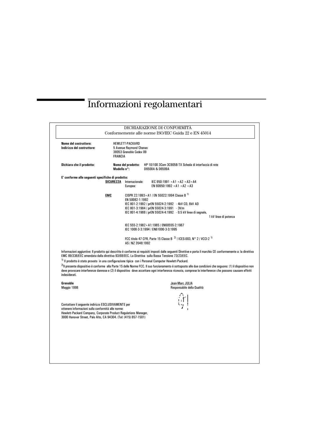 HP 3C905B-TX manual Informazioni regolamentari 