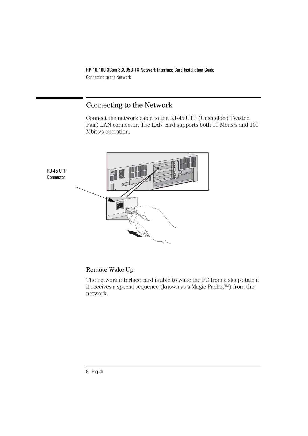 HP 3C905B-TX manual Connecting to the Network, Remote Wake Up 