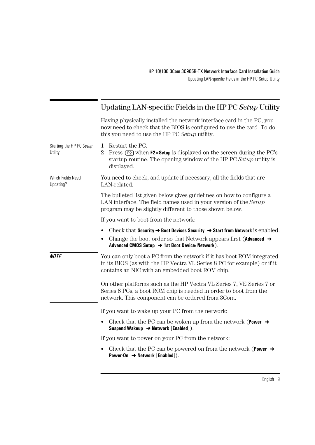 HP 3C905B-TX manual Updating LAN-specific Fields in the HP PC Setup Utility, If you want to boot from the network 