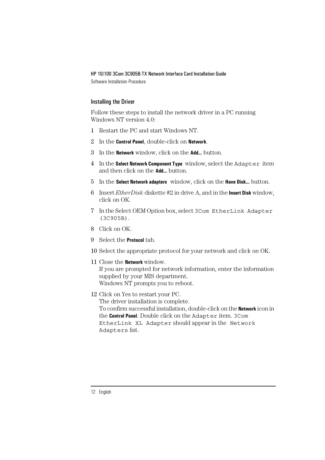 HP 3C905B-TX manual Installing the Driver, Select OEM Option box, select 3Com EtherLink Adapter 3C905B 