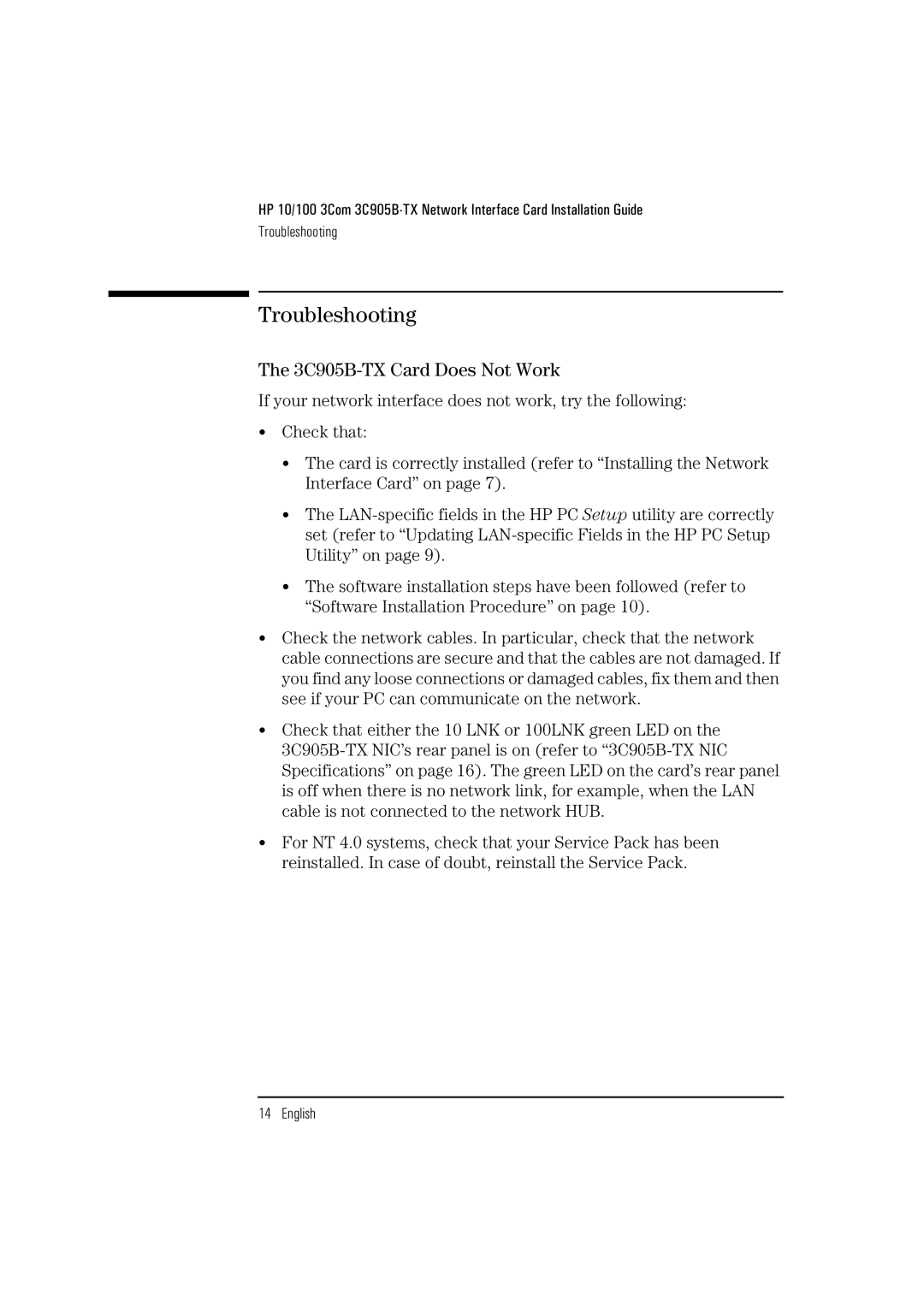 HP manual Troubleshooting, 3C905B-TX Card Does Not Work 