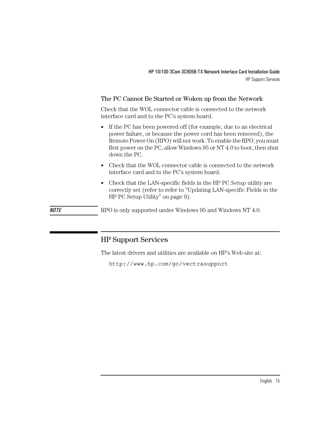 HP 3C905B-TX manual HP Support Services, PC Cannot Be Started or Woken up from the Network 