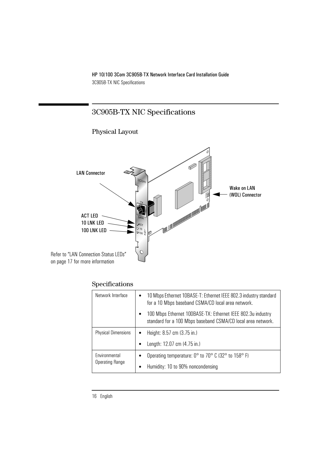 HP manual 3C905B-TX NIC Specifications, Physical Layout 