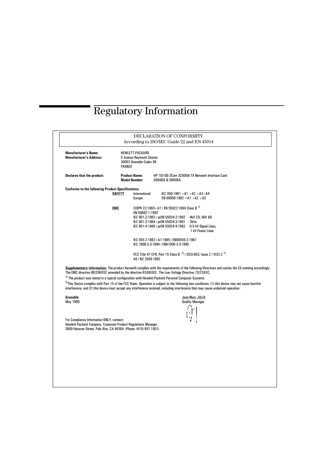 HP 3C905B-TX manual Regulatory Information 