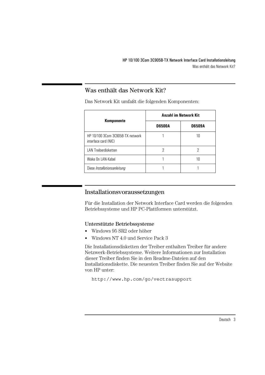 HP 3C905B-TX manual Was enthält das Network Kit?, Installationsvoraussetzungen, Unterstützte Betriebssysteme 