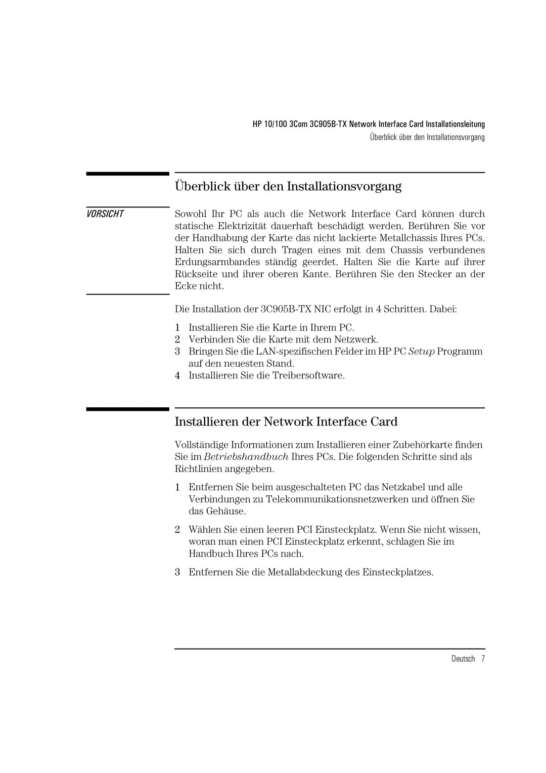 HP 3C905B-TX manual Überblick über den Installationsvorgang, Installieren der Network Interface Card 