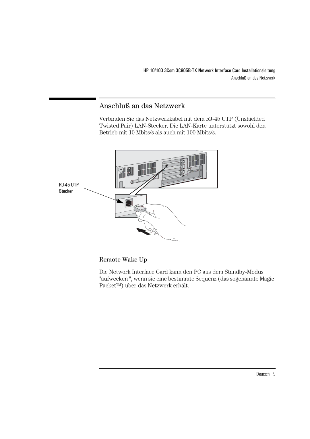 HP 3C905B-TX manual Anschluß an das Netzwerk, Remote Wake Up 