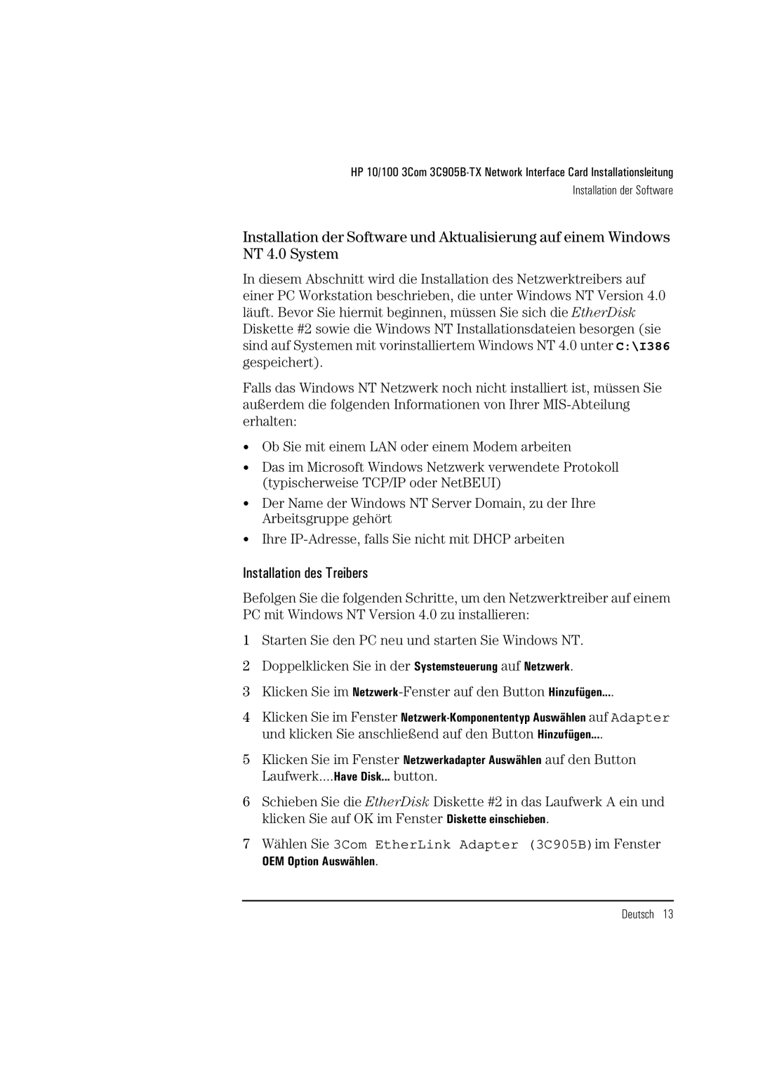 HP 3C905B-TX manual Installation des Treibers, Wählen Sie 3Com EtherLink Adapter 3C905Bim Fenster 