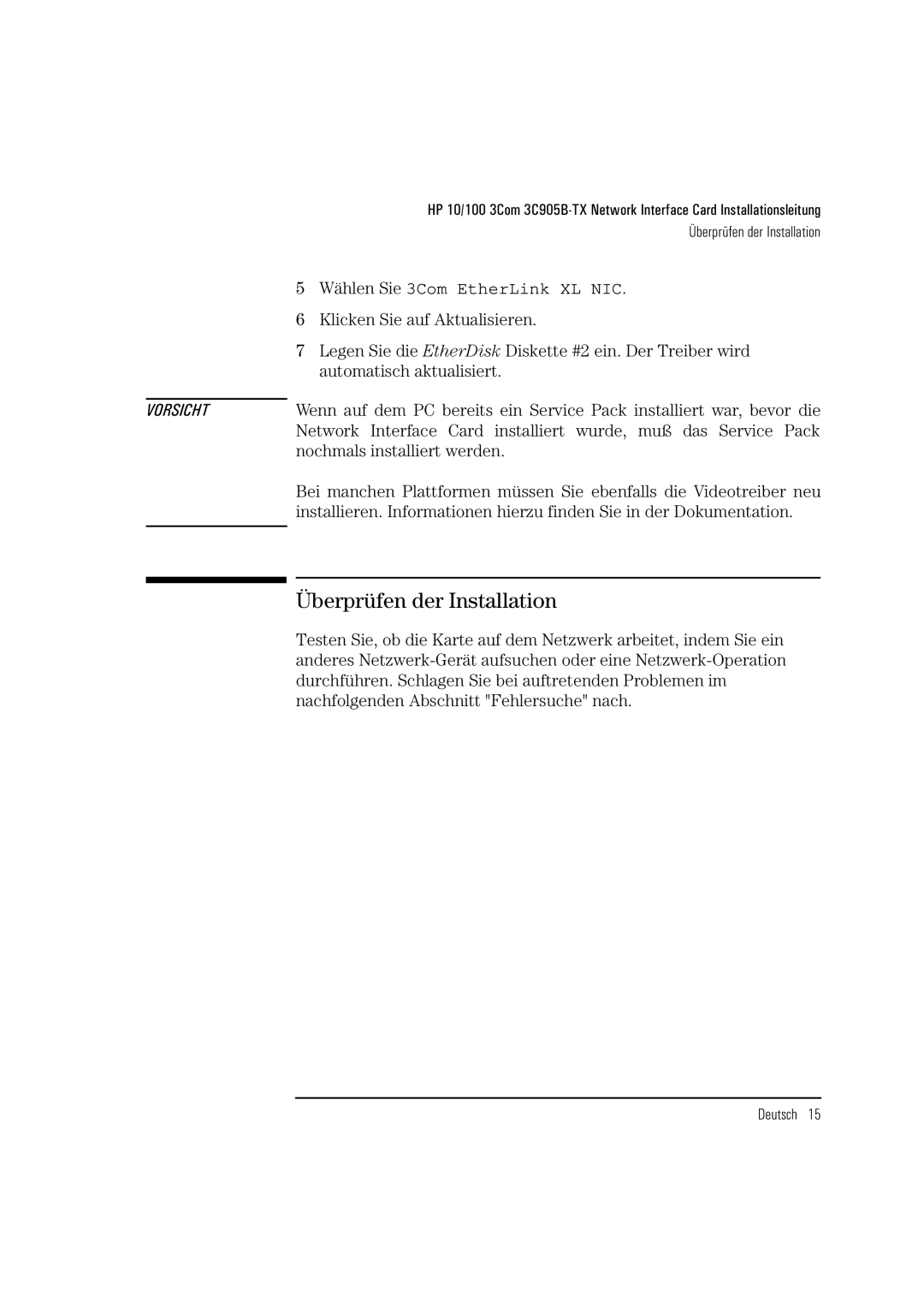 HP 3C905B-TX manual Überprüfen der Installation, Wählen Sie 3Com EtherLink XL NIC 