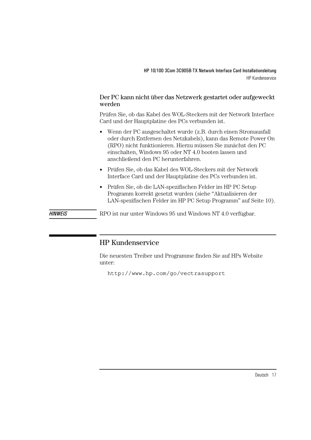 HP 3C905B-TX manual HP Kundenservice, RPO ist nur unter Windows 95 und Windows NT 4.0 verfügbar 