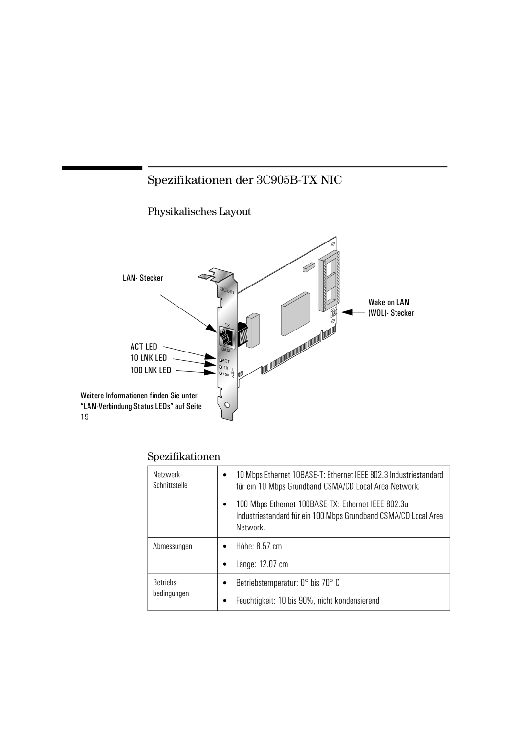 HP manual Spezifikationen der 3C905B-TX NIC, Physikalisches Layout 