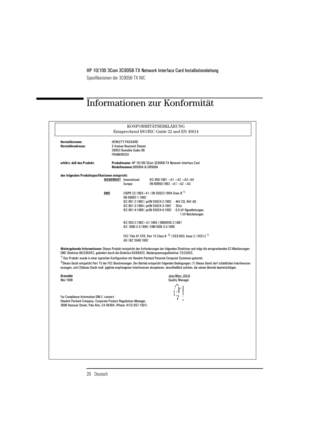 HP 3C905B-TX manual Informationen zur Konformität 