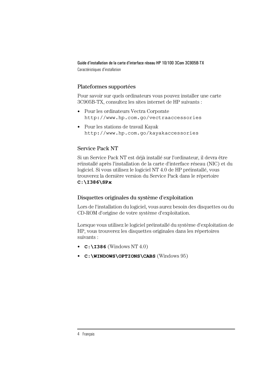 HP 3C905B-TX manual Plateformes supportées, Service Pack NT, Disquettes originales du système dexploitation 