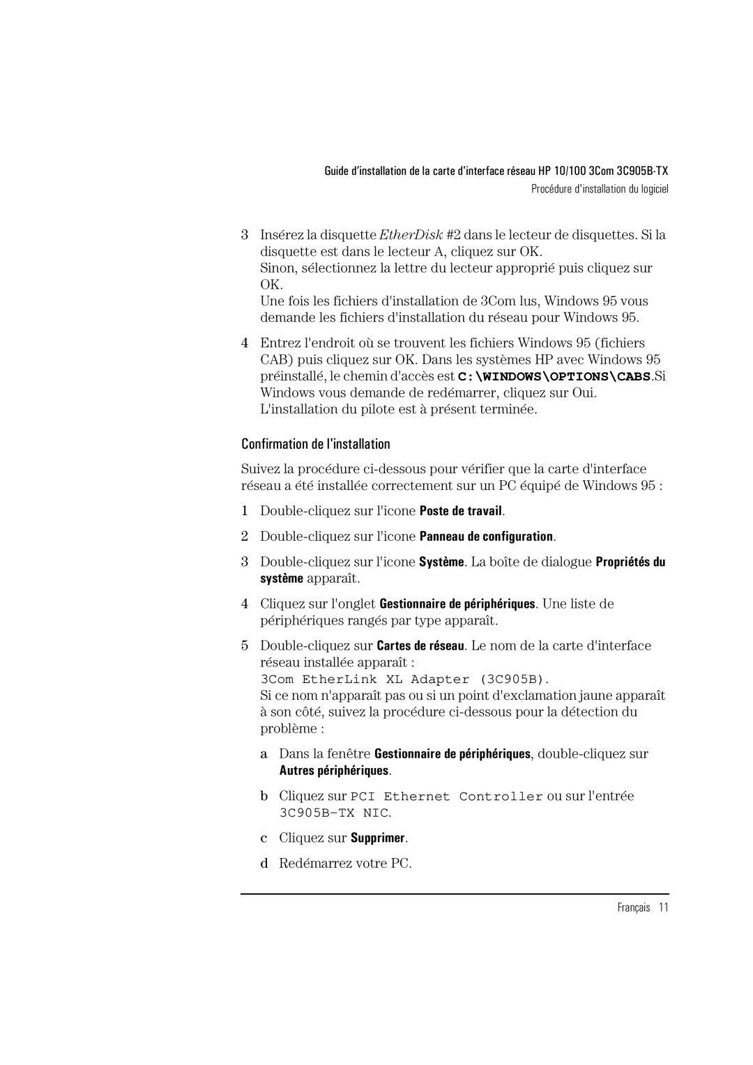 HP 3C905B-TX manual Confirmation de linstallation, Cliquez sur PCI Ethernet Controller ou sur lentrée 