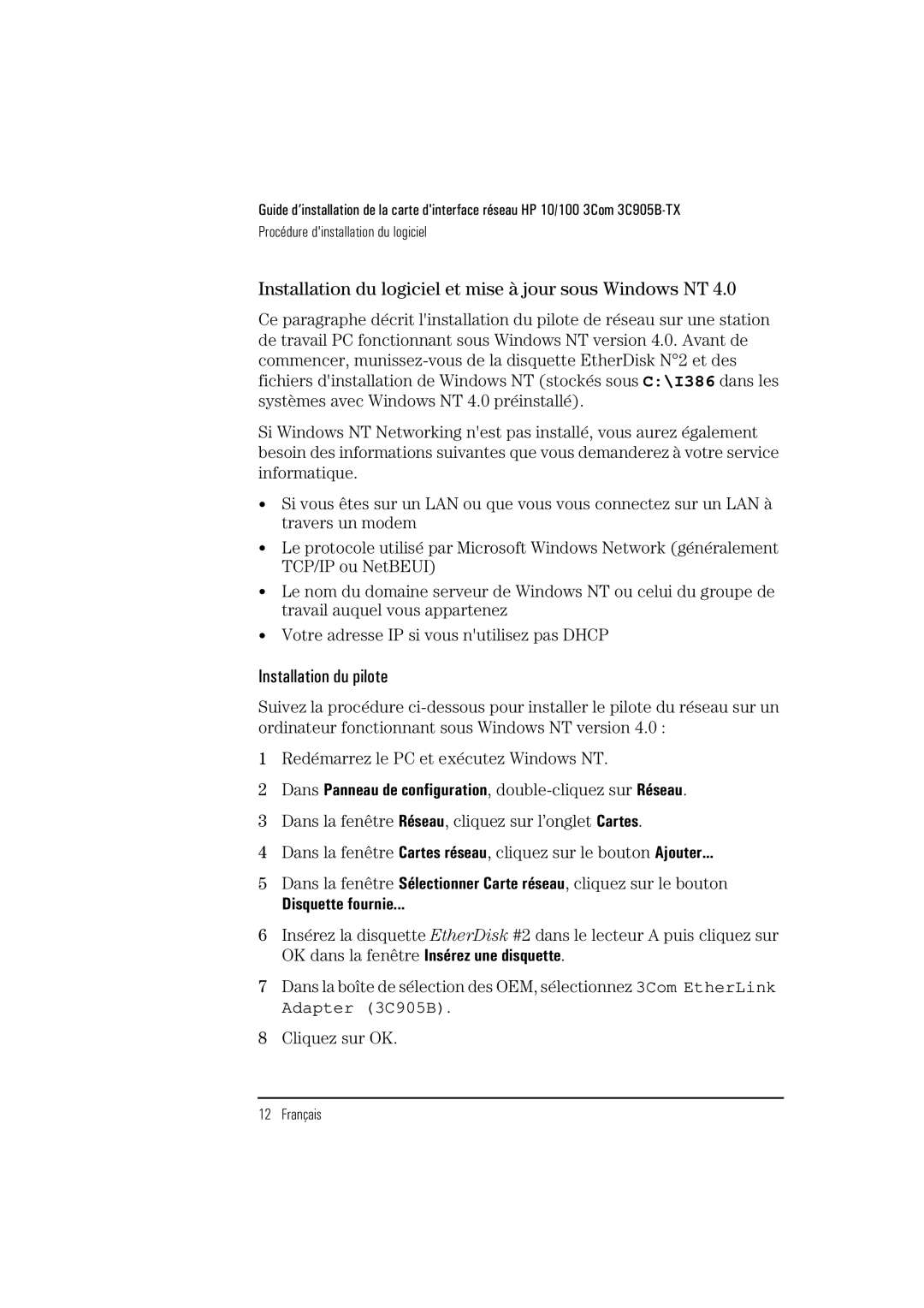 HP 3C905B-TX manual Installation du logiciel et mise à jour sous Windows NT, Installation du pilote, Cliquez sur OK 