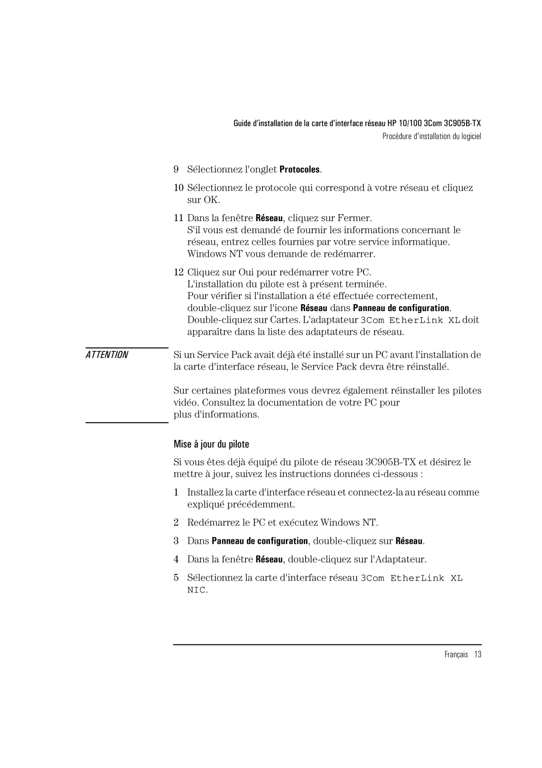 HP 3C905B-TX manual Mise à jour du pilote 