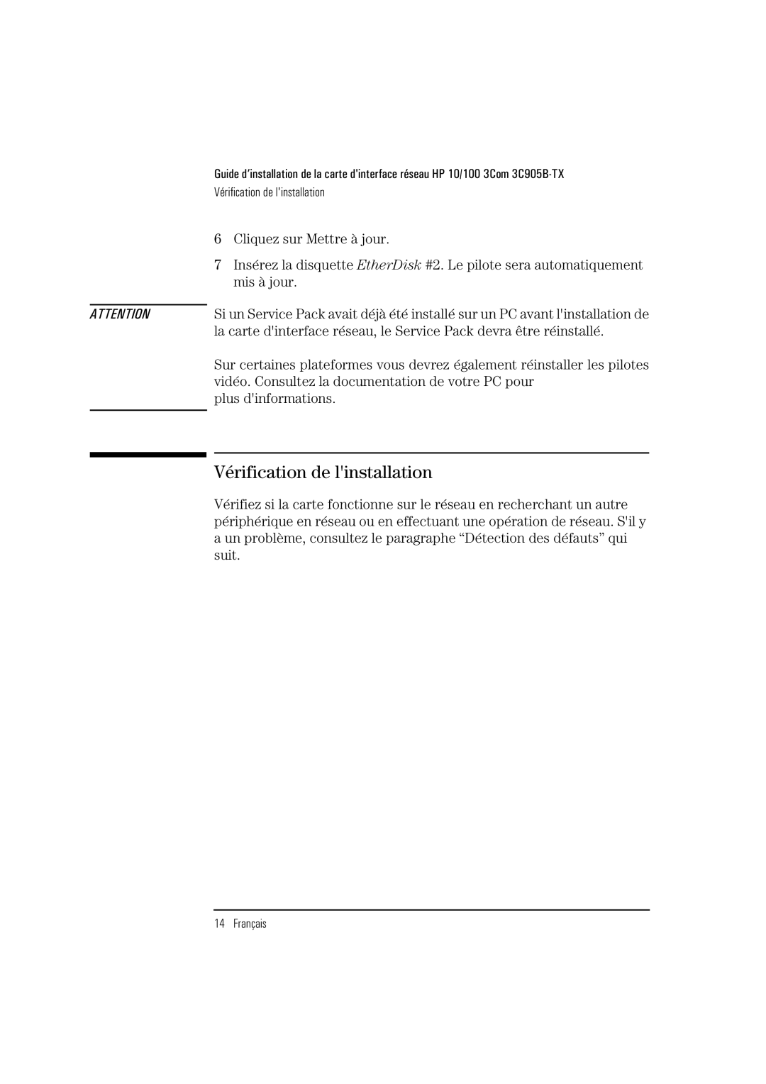 HP 3C905B-TX manual Vérification de linstallation 