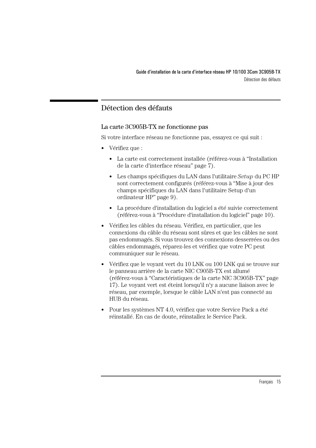 HP manual Détection des défauts, La carte 3C905B-TX ne fonctionne pas 