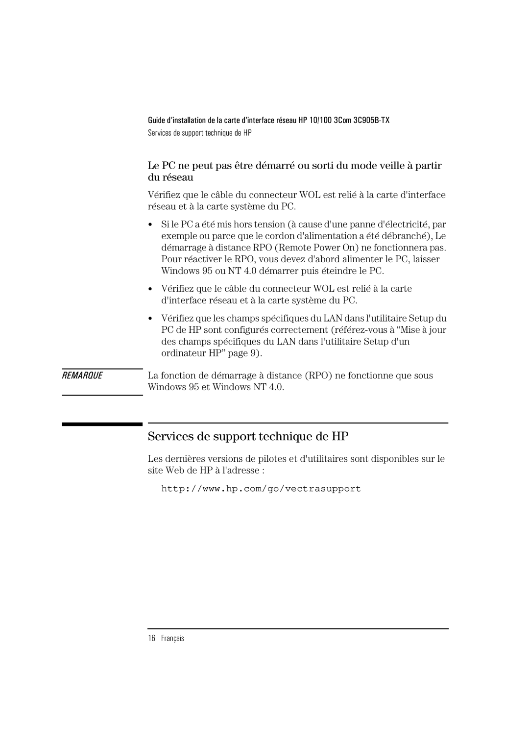 HP 3C905B-TX manual Services de support technique de HP 