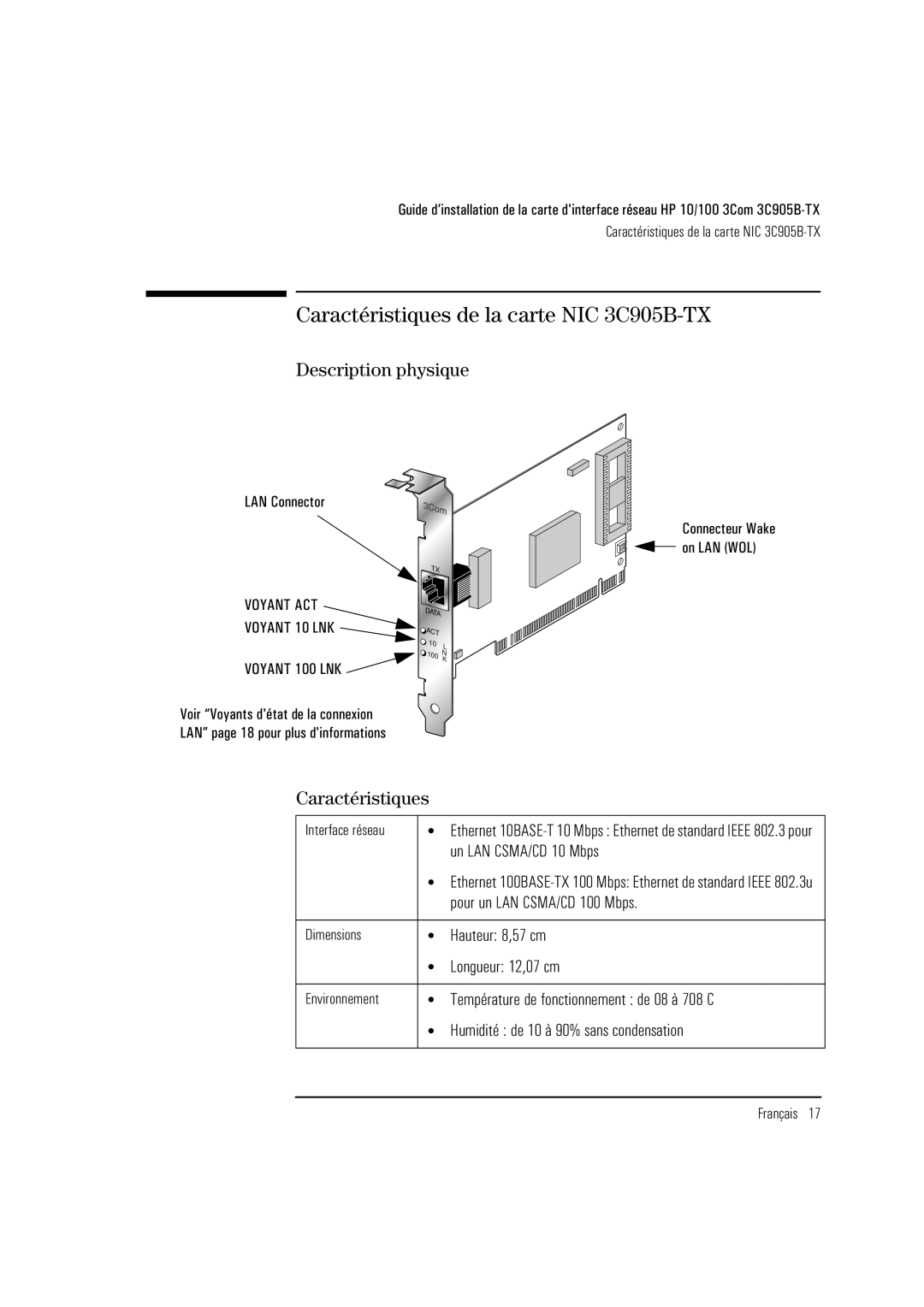 HP manual Caractéristiques de la carte NIC 3C905B-TX, Description physique 