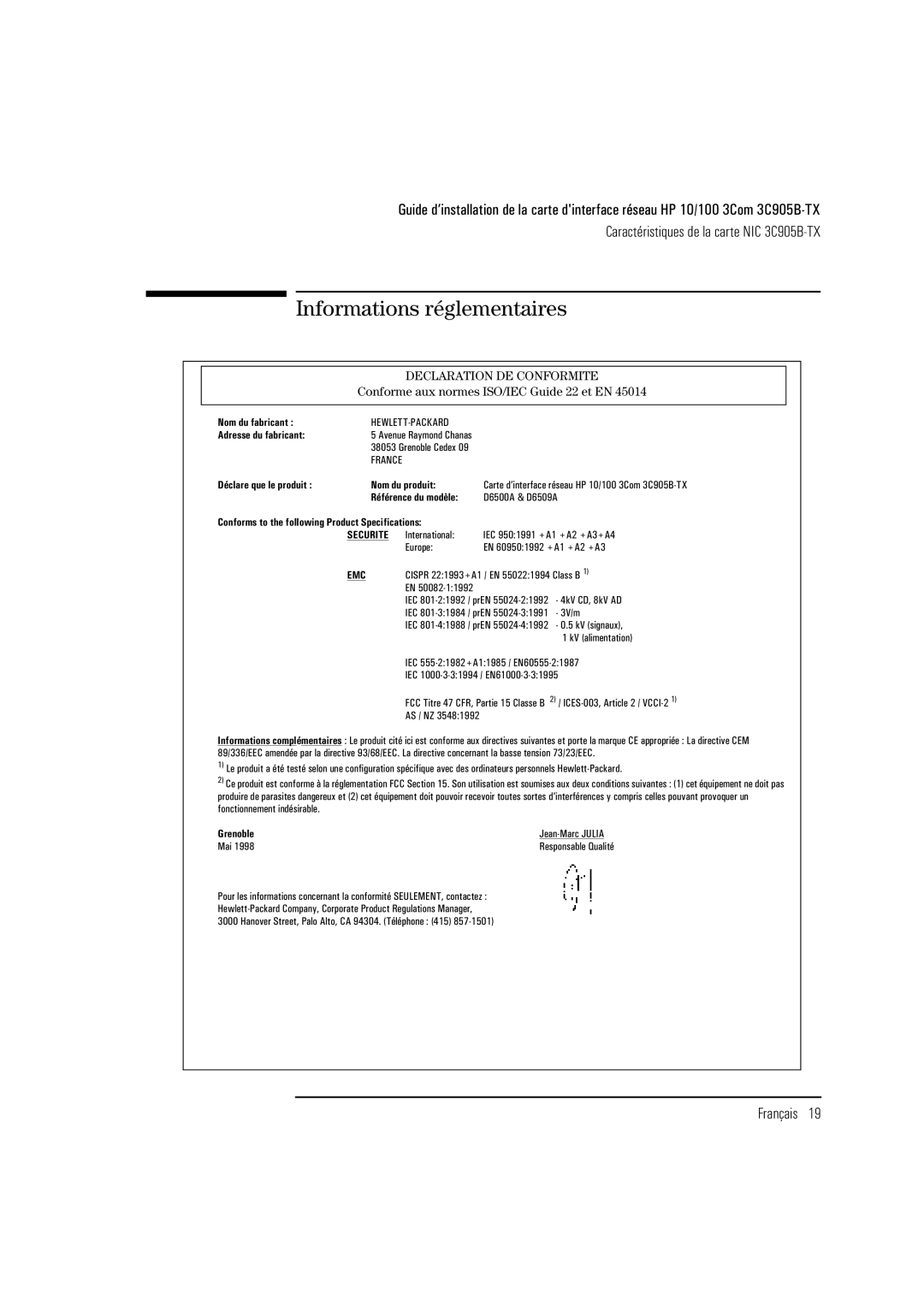 HP 3C905B-TX manual Informations réglementaires, Declaration DE Conformite 