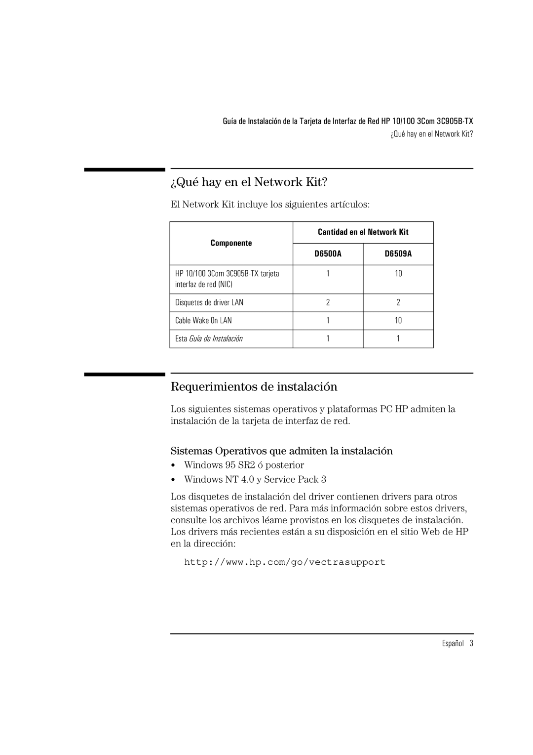 HP 3C905B-TX ¿Qué hay en el Network Kit?, Requerimientos de instalación, Sistemas Operativos que admiten la instalación 