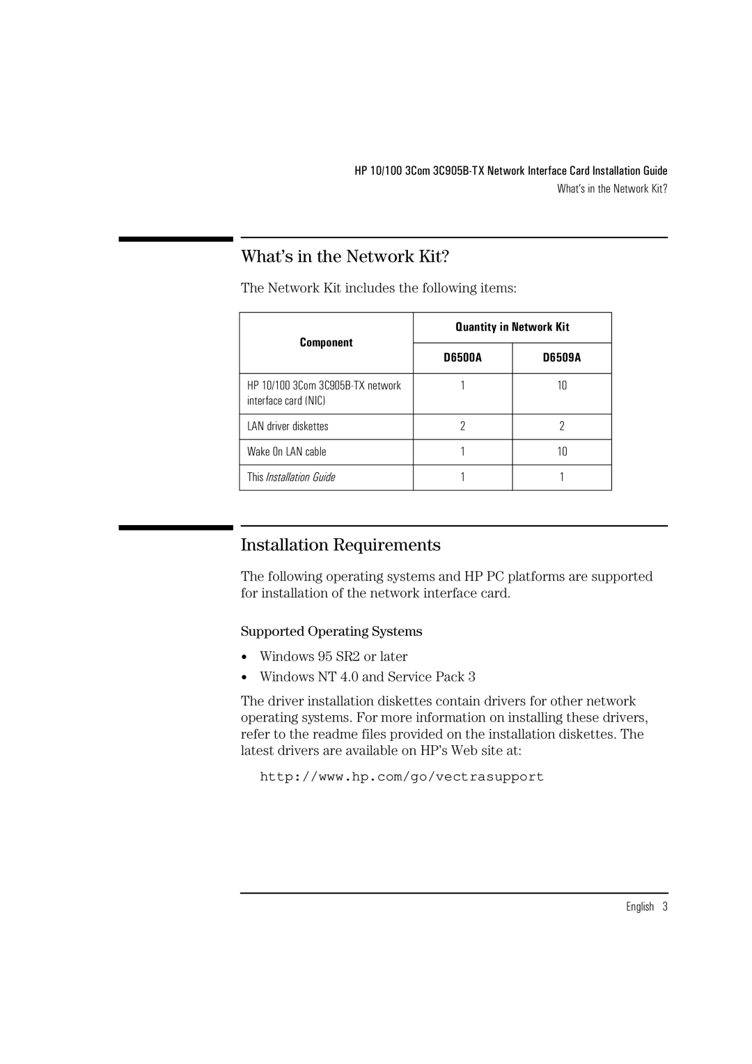 HP 3C905B-TX manual What’s in the Network Kit?, Installation Requirements, Network Kit includes the following items 