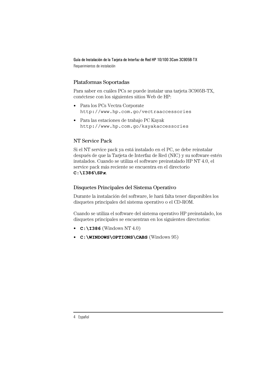 HP 3C905B-TX manual Plataformas Soportadas, Disquetes Principales del Sistema Operativo 