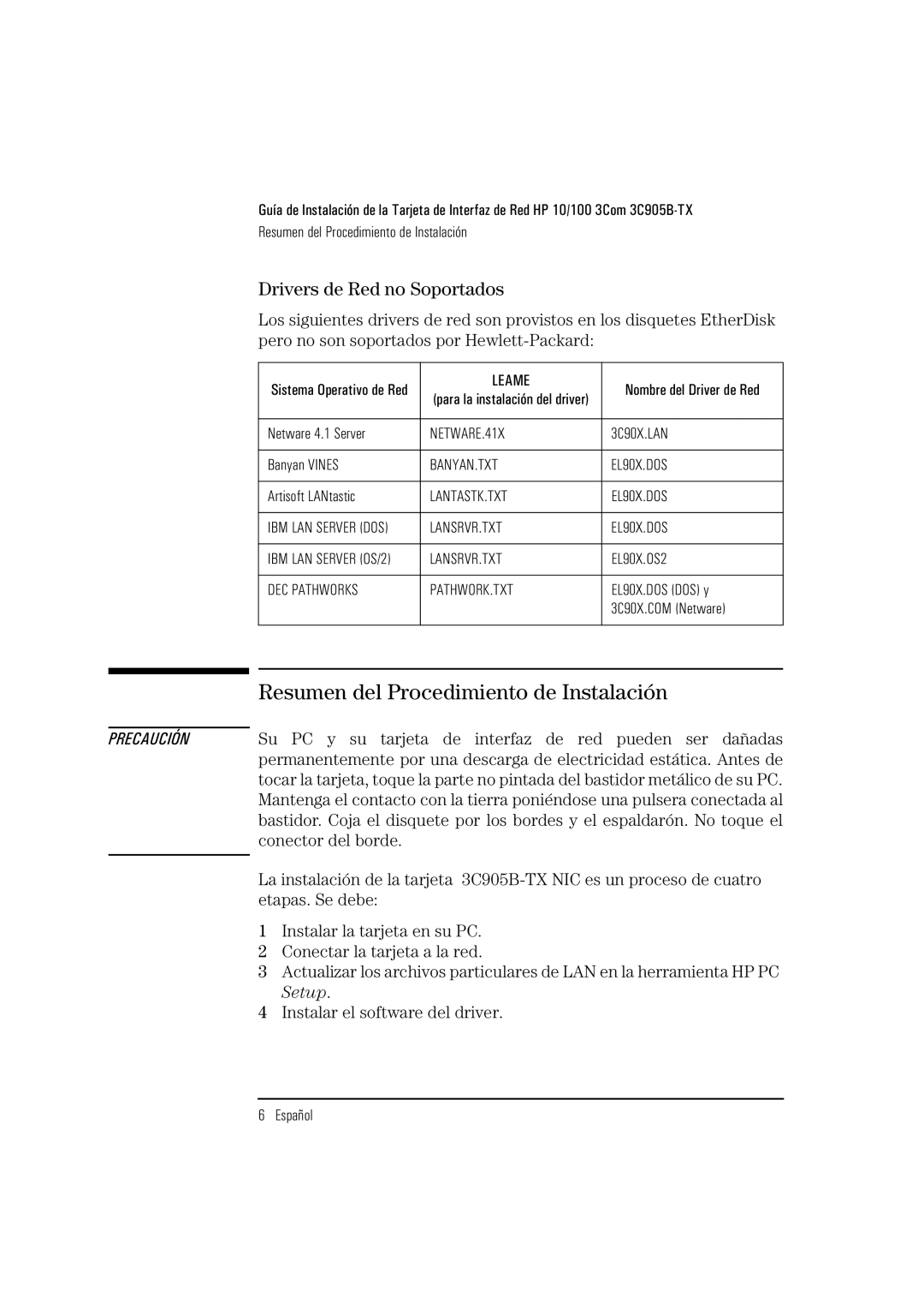 HP 3C905B-TX manual Resumen del Procedimiento de Instalación, Drivers de Red no Soportados 