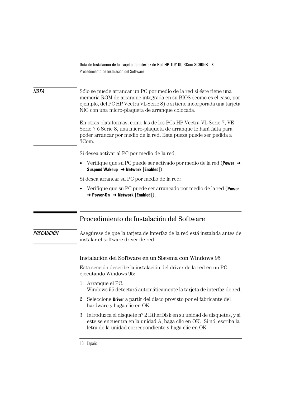 HP 3C905B-TX manual Procedimiento de Instalación del Software, Instalación del Software en un Sistema con Windows 