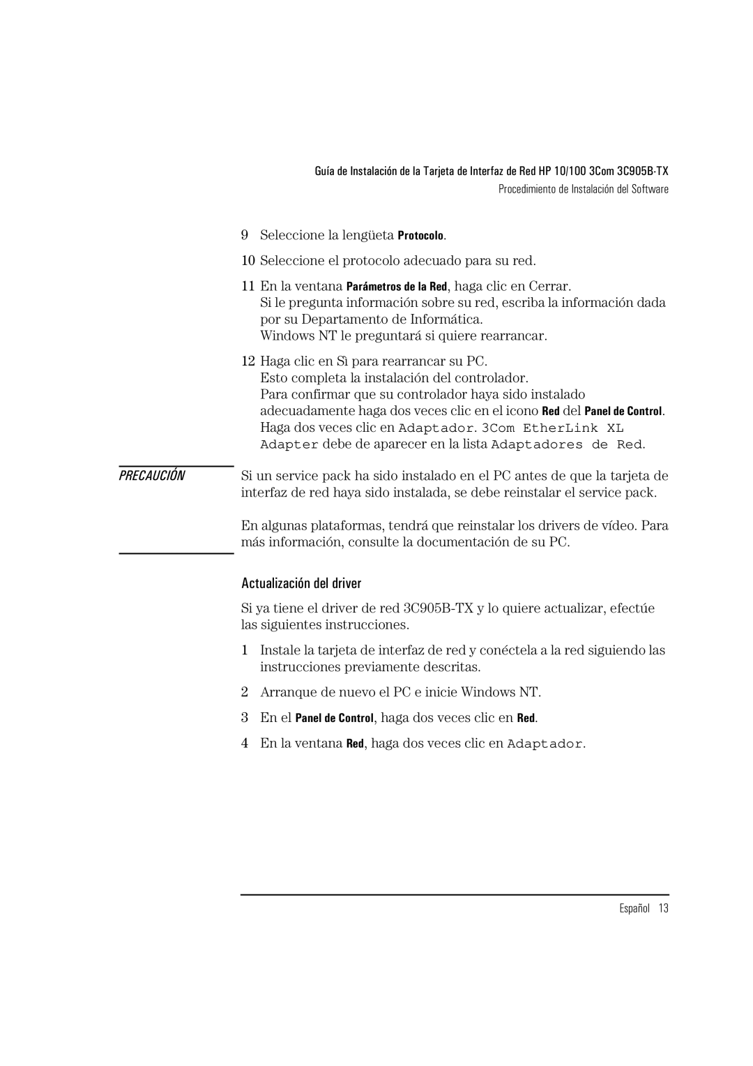 HP 3C905B-TX manual Actualización del driver 