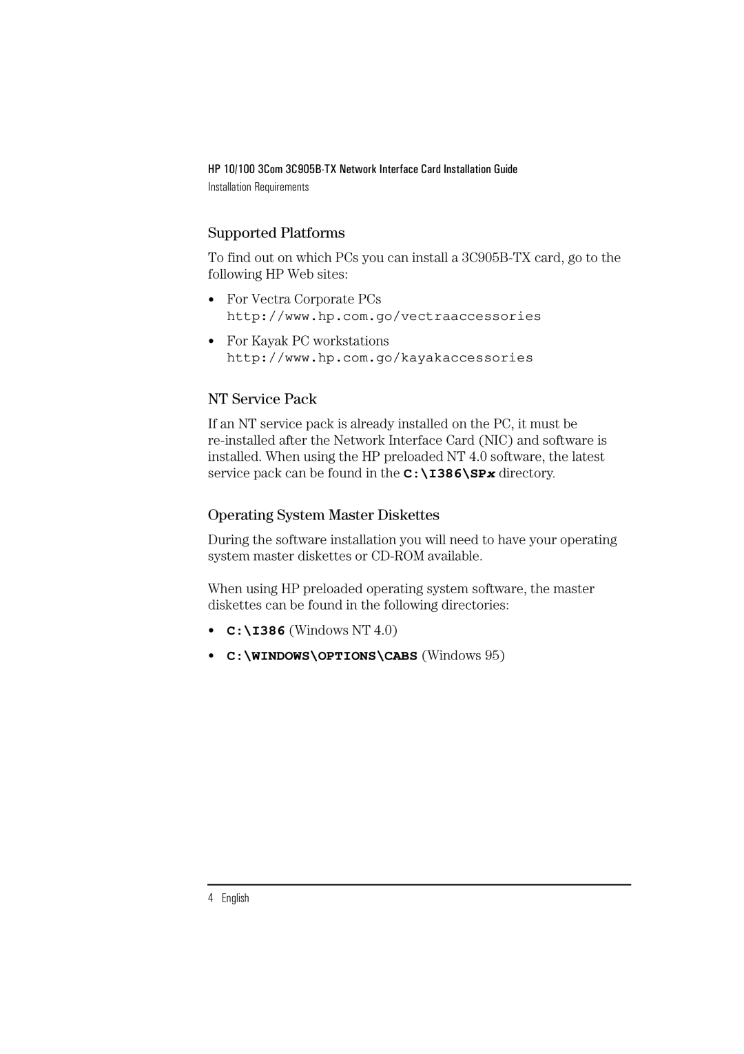 HP 3C905B-TX manual Supported Platforms, NT Service Pack, Operating System Master Diskettes 