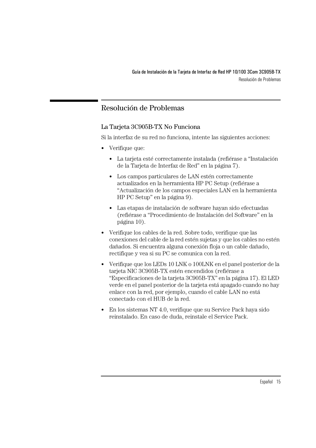 HP manual Resolución de Problemas, La Tarjeta 3C905B-TX No Funciona 