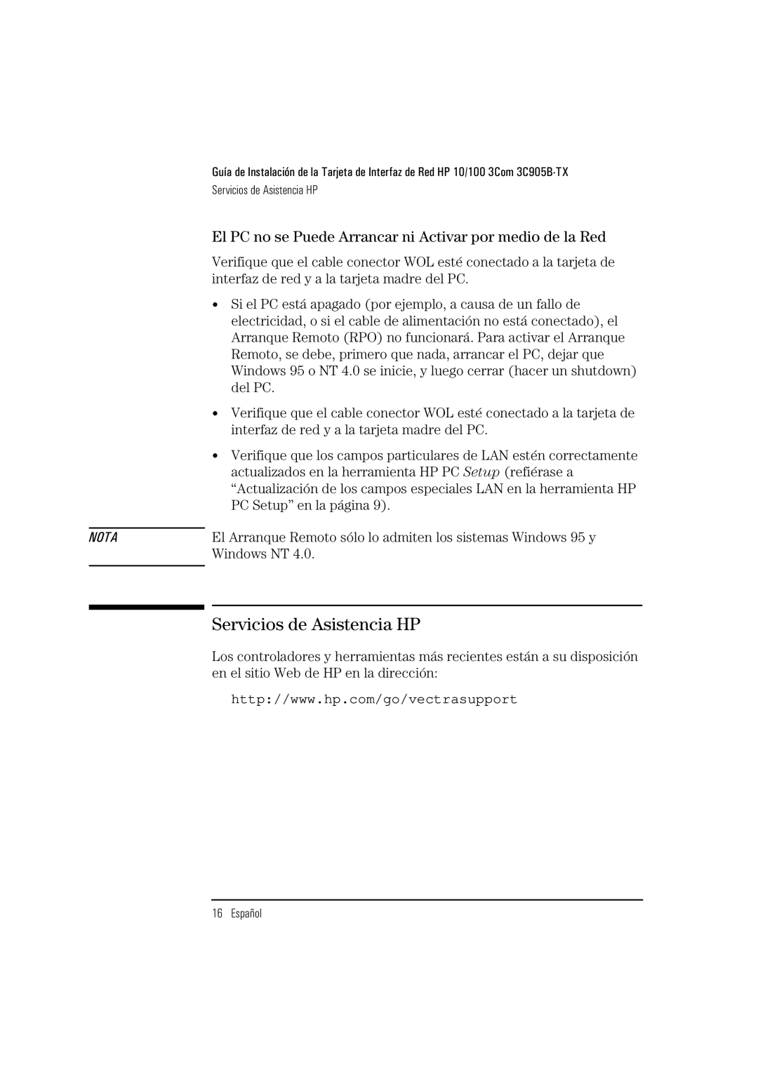 HP 3C905B-TX manual Servicios de Asistencia HP, El PC no se Puede Arrancar ni Activar por medio de la Red 